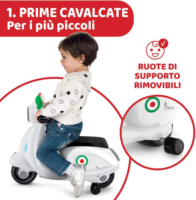 Vespa Primavera - Moto Giocattolo Cavalcabile Con Pannello Elettronico, Luci E Suoni, Ruote Di Supporto Rimuovibili, Max 20 Kg, per Bambini 1-3 Anni, Bianco