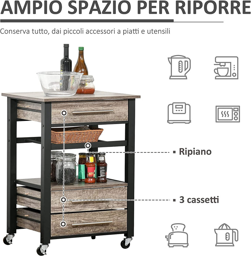 Carrello Da Cucina Portavivande Con 3 Cassetti E Mensola, Mobiletto Multiuso in Legno Truciolare, 60X50X84.5Cm, Quercia