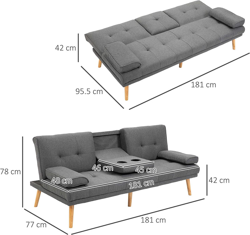 Divano Letto 3 Posti Reclinabile Con 2 Braccioli Staccabili E Tappetino Antiscivolo, in Tessuto Effetto Lino E Legno Di Pioppo, 181X77X78 Cm, Grigio Scuro