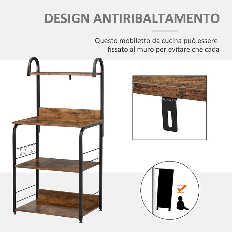 Mobiletto per Microonde a 4 Ripiani E 4 Ganci, Mobile Cucina in Acciaio E Legno 60X40X125Cm, Marrone Rustico