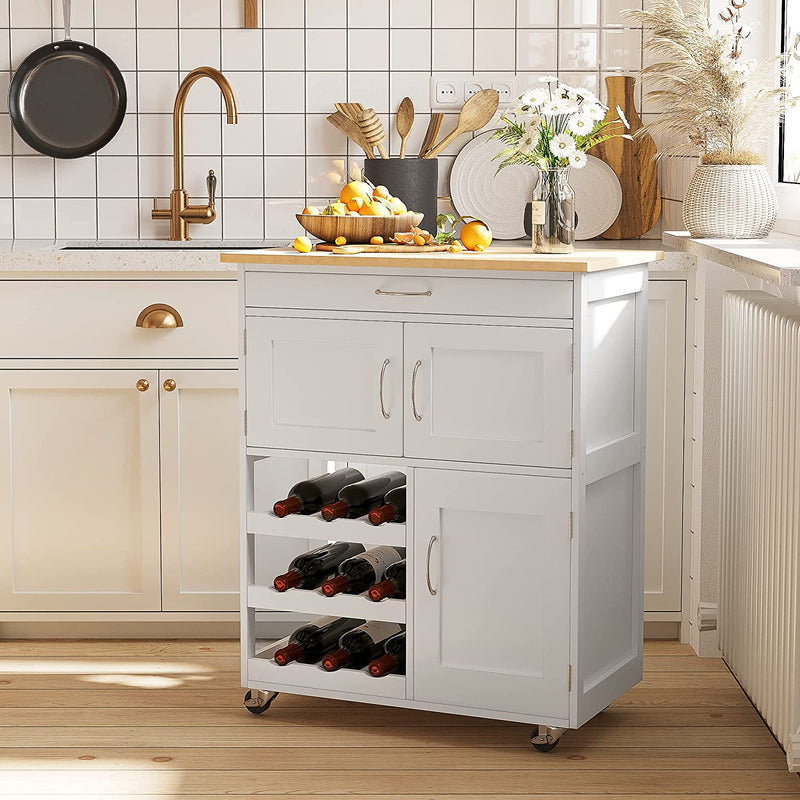 Carrello Portavivande, Carrellino per Cucina in Legno Bianco Con Portabottiglie 1 Cassetto E 3 Antine, 67X37X87Cm