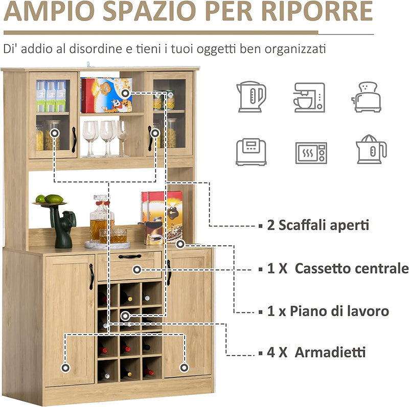 Mobile Cucina Con Cassetto, 4 Armadietti, Mensole E Portabottiglie, Credenza Alta in Legno, Rovere, 106X48X180Cm