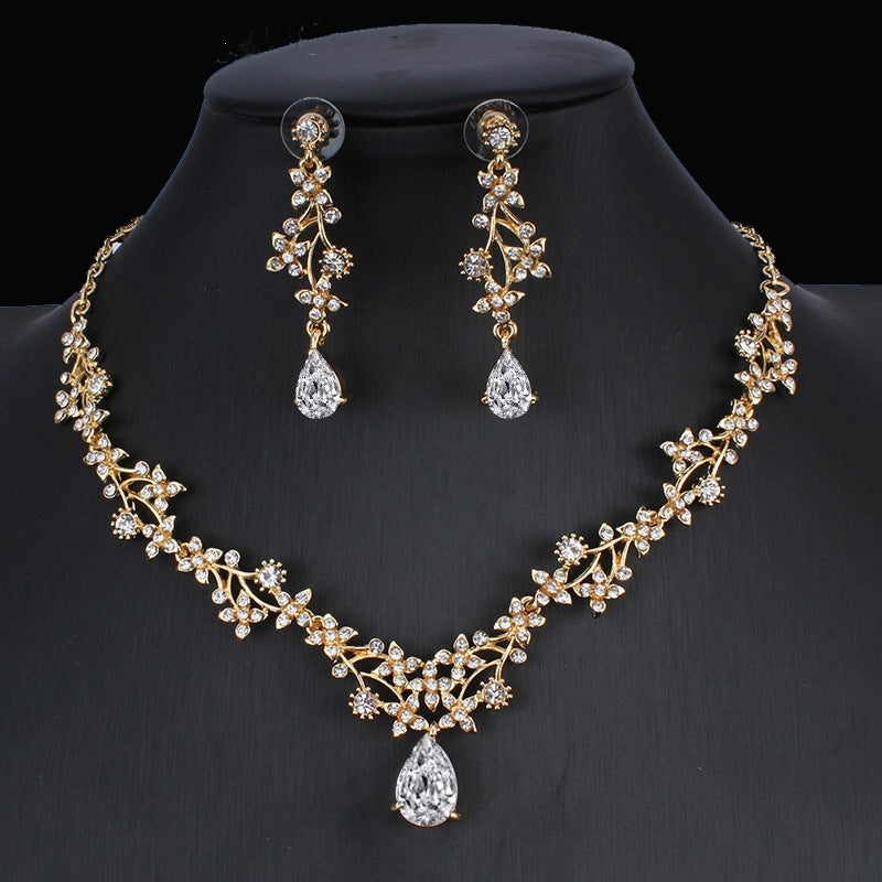 Golden Zircon Jewelry Set Bridal Necklace Earrings Wedding Two-Piece Set