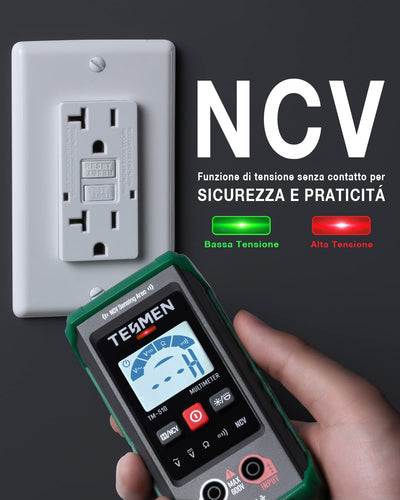 TM-510 Multimetro Digitale, 4000 Conta Tester Elettricista, Misurazione Smart, Autoranging, Senza Contatto, Misura Tensione AC/DC, Resistenza, Continuità – Verde