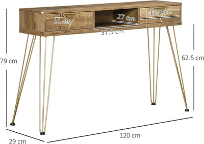 Tavolo Consolle in Truciolato E Acciaio per Ingresso E Soggiorno Con Piano D'Appoggio, Ripiano Aperto E 2 Cassetti, 120X29X79 Cm, Bronzo