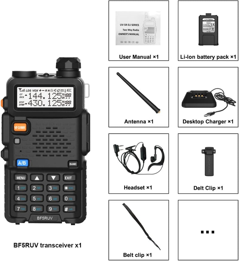 Walkie Talkie 5R Dual Band VHF/UHF Ricaricabile Radio Bidirezionale Con 128 Canali VOX Caricatore USB Lunga Distanza Due Vie Radio (Nero), (BF5RUV)