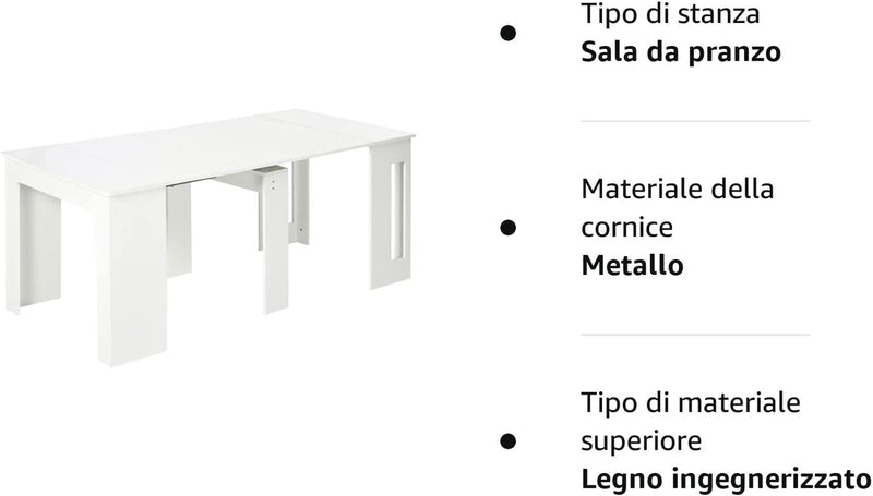 Tavolo Pieghevole Da Pranzo Max 6 Persone per Spazi Limitati, in Truciolato E Acciaio, 180X85X75 Cm, Bianco