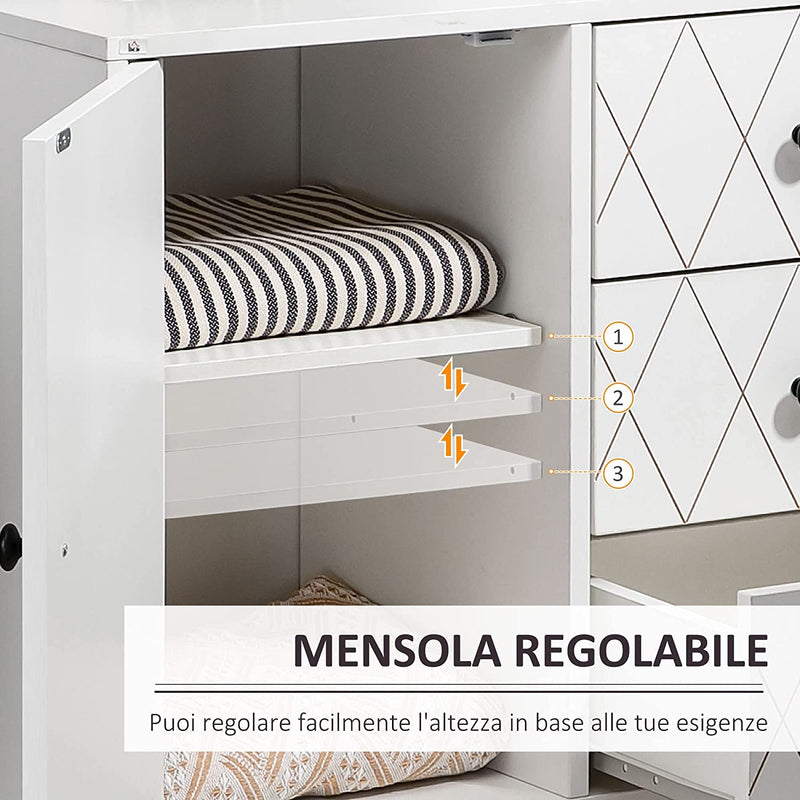 Cassettiera a Rombi Con 3 Cassetti E Un Armadietto, Mobile per Soggiorno E Camera Da Letto in Acciaio E MDF, 70X35X75 Cm, Bianco