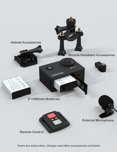4K 60Fps Action Cam 20MP EIS Wifi Fotocamera Subacquea Impermeabile 40M Sott'Acqua Sports Camera 170° Grandangolare Telecomando Microfono Esterno 2X1350Mah Batterie E Accessori