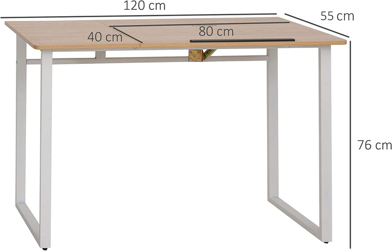 Scrivania Moderna Da Disegno Con Piano Inclinabile 50° in Metallo Bianco E Legno Truciolato per Ufficio Studio Casa 120X55X76Cm