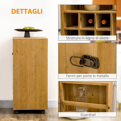 Portabottiglie Vini Da 14 Bottiglie Con Cassetto, 3 Ripiani Aperti, Portabicchieri a 4 File E 6 Ruote, in Legno Di Abete E Metallo, 105X37X111 Cm, Marrone