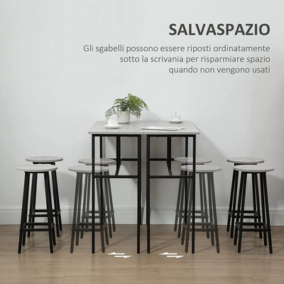 Set 6 Pz Con 4 Sgabelli Da Bar E 2 Tavoli Alti per Cucina E Soggiorno in Legno Truciolato E Acciaio, Grigio