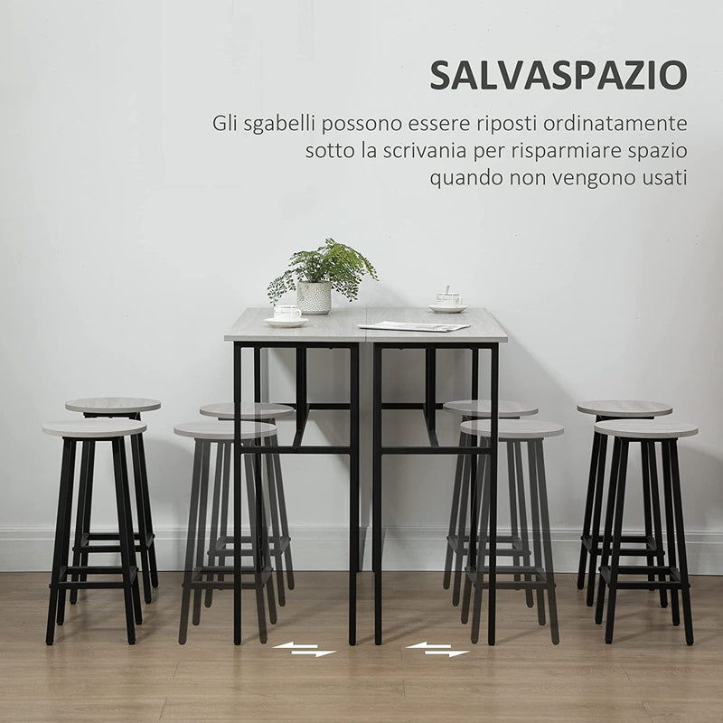 Set 6 Pz Con 4 Sgabelli Da Bar E 2 Tavoli Alti per Cucina E Soggiorno in Legno Truciolato E Acciaio, Grigio