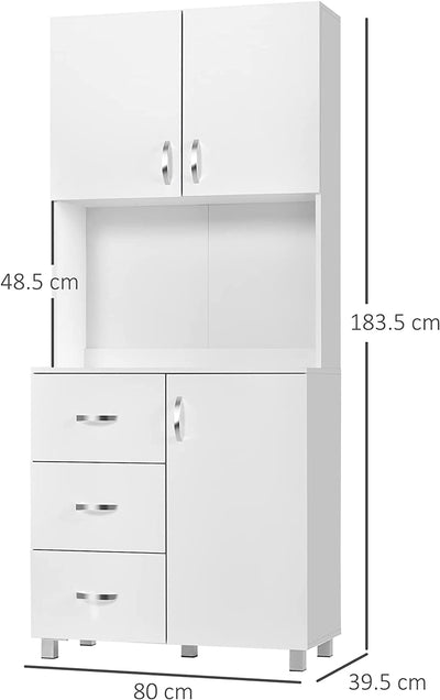 Credenza Moderna in Legno Bianco Con 2 Armadietti, Mensole Regolabili, 1 Ripiano Aperto E 3 Cassetti, 80X39.5X183.5Cm