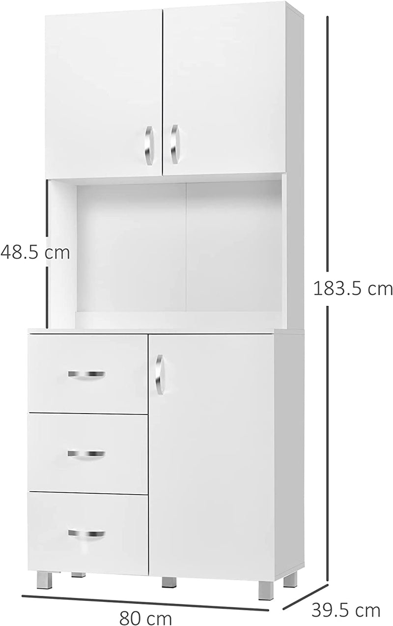 Credenza Moderna in Legno Bianco Con 2 Armadietti, Mensole Regolabili, 1 Ripiano Aperto E 3 Cassetti, 80X39.5X183.5Cm