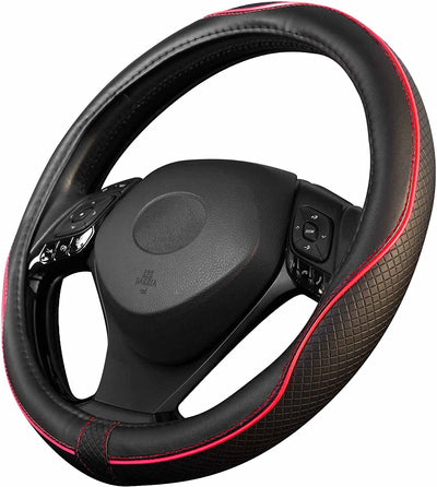 Coprivolante Auto Universale Nero Rosso in Finta Pelle | Copertura Di Volante Diametro 37-39 Cm | Accessori Auto Interno | Regali per Donna E Uomo