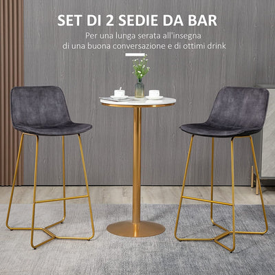 Set 2 Sgabelli Da Bar Con Schienale E Poggiapiedi, Sgabelli Da Cucina in Velluto Con Gambe Dorate, 48X56.5X103Cm, Grigio