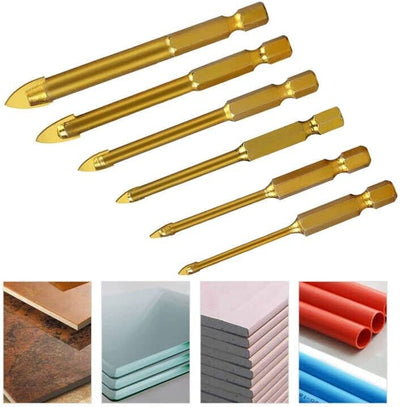 Punta Vetro  Punte Trapano per Bucare Vetro Ceramica Piastrelle Cristallo in Acciaio Di Tungsteno Con Codolo Esagonale Rivestimento in Titanio Set Di 6 Pezzi 3Mm 4Mm 5Mm 6Mm 8Mm 10Mm