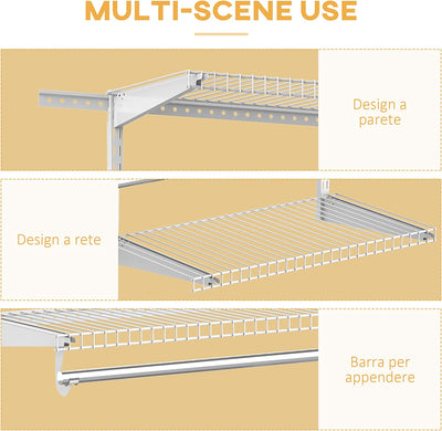 Organizer in Acciaio Montato a Muro Con 9 Ripiani Regolabili E 5 Aste per Appendere, 249.4X38.8X162 Cm, Bianco