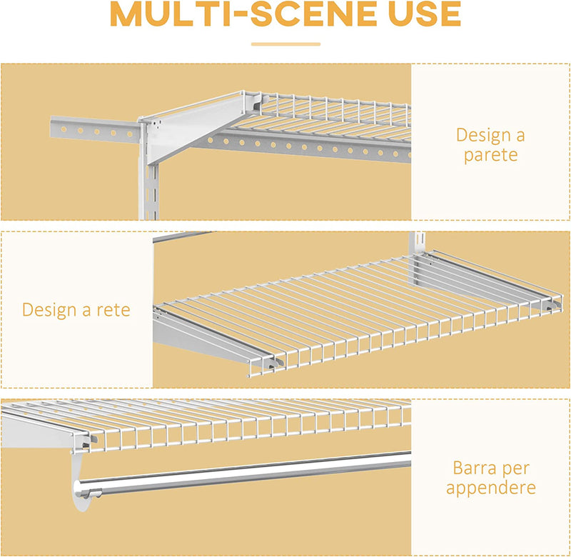 Organizer in Acciaio Montato a Muro Con 9 Ripiani Regolabili E 5 Aste per Appendere, 249.4X38.8X162 Cm, Bianco