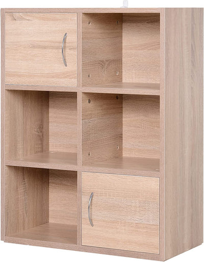 Libreria Scaffale in Legno, Mobiletto Multiuso Con 3 Ripiani 4 Scompartimenti E 2 Ante, 61.5X29.5X80Cm