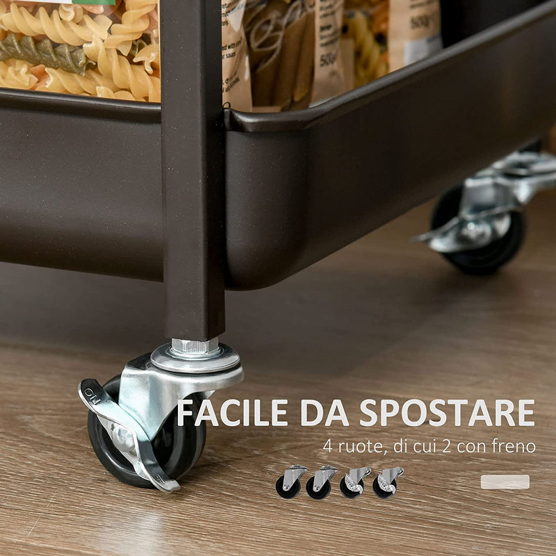 Carrello Da Cucina Stile Industriale 3 Mensole E Ripiano Pieghevole, Porta Tazze E 4 Ruote, 118X36.5X82Cm, Marrone