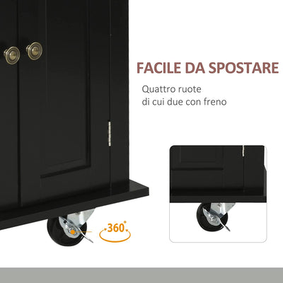 Carrello Da Cucina Portavivande Con Cassetti, Armadietti, Portaspezie E 4 Ruote, in Legno E MDF, 111X44.5X82.5 Cm, Nero