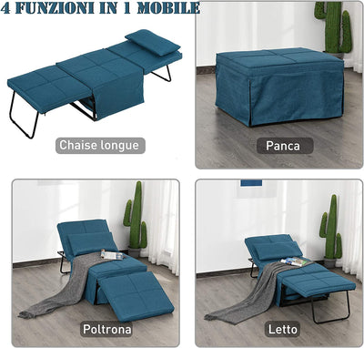 Brandina Pieghevole 2 in 1 Con Cuscino, Trasformabile in Pouf O Letto Singolo Con Schienale Regolabile, Blu