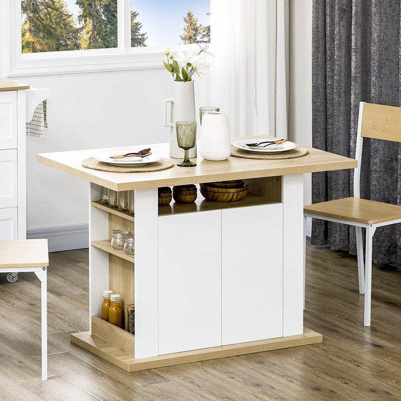 Tavolo Da Cucina per 4-6 Persone, Tavolo Da Pranzo Con Armadietti 2 Ante E Mensole, 110X70X75.5Cm, Bianco E Legno