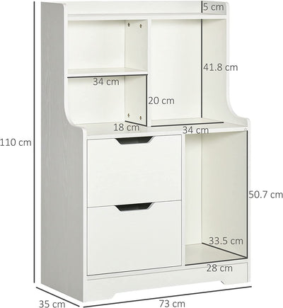 Mobile Dispensa in MDF Con 2 Cassetti E Ripiani Aperti, Mobiletto Multiuso per Soggiorno, Ingresso E Cucina, 73X35X110 Cm, Bianco