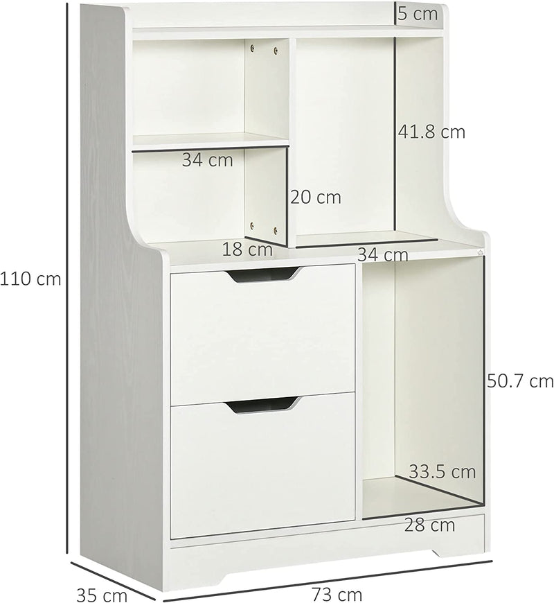 Mobile Dispensa in MDF Con 2 Cassetti E Ripiani Aperti, Mobiletto Multiuso per Soggiorno, Ingresso E Cucina, 73X35X110 Cm, Bianco