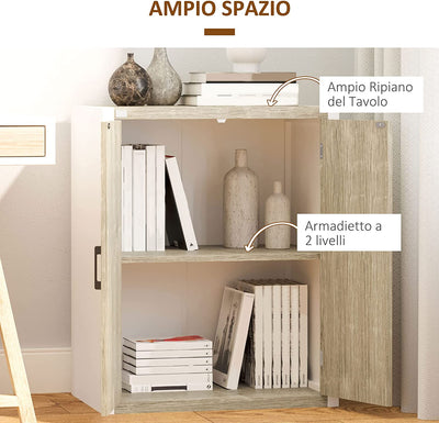 Mobiletto Multiuso per Ingresso E Soggiorno, Armadietto 2 Ante Con Mensola Regolabile in MDF, 62X40X77Cm, Bianco E Legno