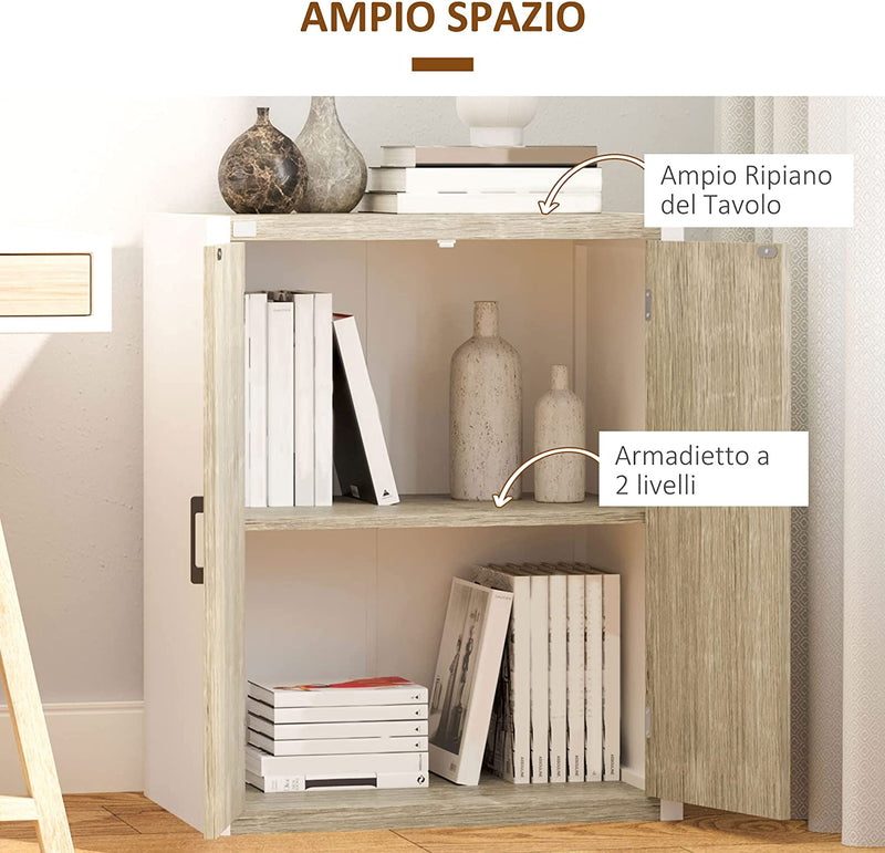 Mobiletto Multiuso per Ingresso E Soggiorno, Armadietto 2 Ante Con Mensola Regolabile in MDF, 62X40X77Cm, Bianco E Legno