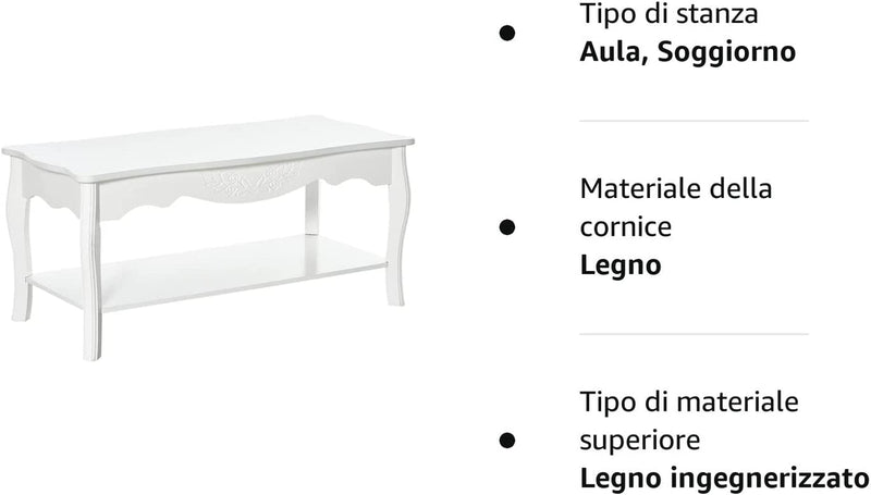 Tavolino Da Salotto Moderno Tavolino Da Caffè Basso in Legno Bianco, 94 X 44 X 43Cm