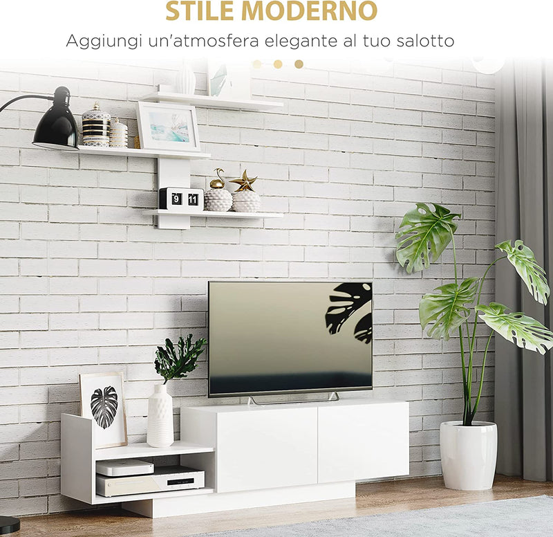 Mobile TV Moderno Con Armadietto E Mensola a Muro, Mobiletto Basso in Legno per Salotto E Soggiorno, Bianco