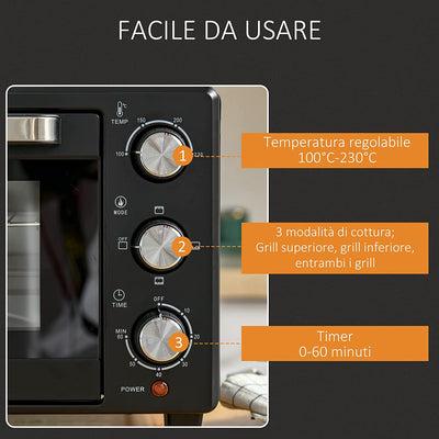 Fornetto Elettrico 21L Timer E Temperatura Regolabile, 3 Modalità Di Cottura E Accessori Inclusi, 1400W, 46X38.5X29Cm, Nero