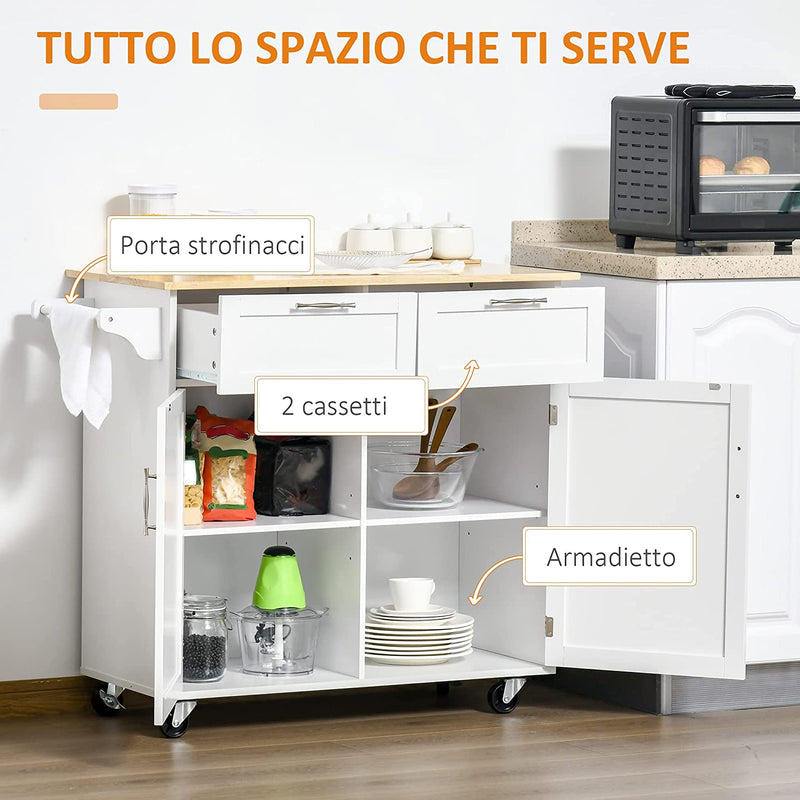 Carrello Da Cucina Multiuso in Legno, Mobile Da Cucina Salvaspazio Con 2 Cassetti, Armadietto E 4 Ruote, 104X46X91Cm, Bianco