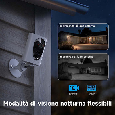 Telecamera Wi-Fi Esterno, 1080P Videocamera Sorveglianza Wifi Senza Fili, a Batteria Ricaricabile, AI Rilevamento Movimento PIR, Visione Notturna a Colori, 2 Vie Audio, Alexa, Sirena, Sd/Cloud