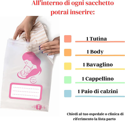 6 Bustine Corredino Neonato Ospedale - Sacchetti Cambio Neonato Ospedale per Borsa Ospedale Parto- Idea Regalo per Future Mamme - Made in Italy