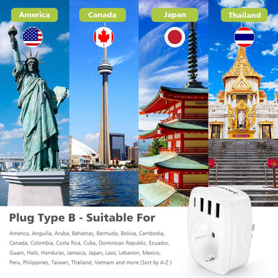 Adattatore Presa USA Da Viaggio, Caricatore Spina Americana Universale Con 3 USB E 1 Tipo C, Presa Europa Italiana Da 2 a 3 Pin, Adattatore USA per America, Canada, Giappone, Messico, Tipo B