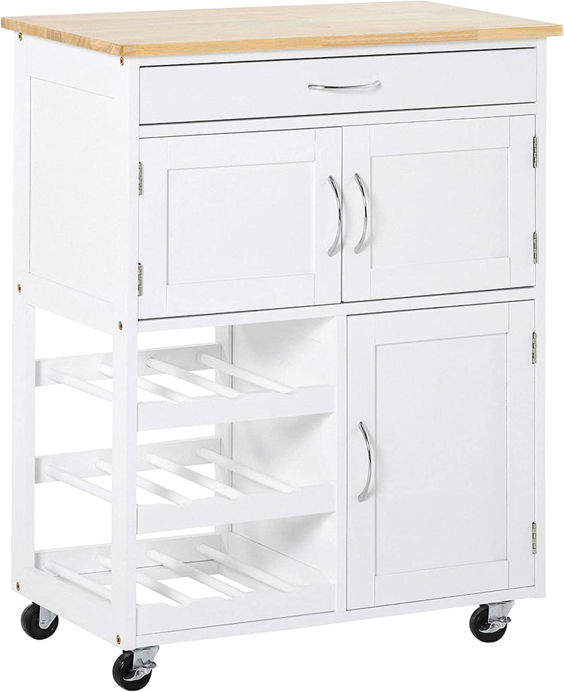 Carrello Portavivande, Carrellino per Cucina in Legno Bianco Con Portabottiglie 1 Cassetto E 3 Antine, 67X37X87Cm