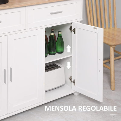 Isola per Cucina in MDF E Legno Di Pino Con 2 Cassetti, 2 Armadietti E Ripiani Interni Regolabili in 3 Posizioni, 106X39.5X89.5 Cm, Bianco