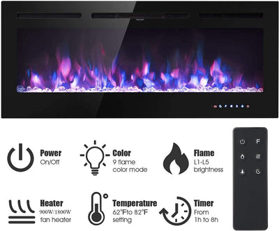 Camino Elettrico Touch Screen Pannello in Vetro Con Inserto a Fiamma Colorata Riscaldatore a Parete Telecomando Con Crystal Logset,900W/1800W (102 Cm, NERO)