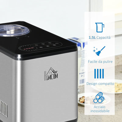 Gelatiera Da 1.5L Con Compressore in Acciaio Inox, 140W, Macchina per Gelato, Yogurt E Milkshake Con Misurino, Paletta E Cucchiaio