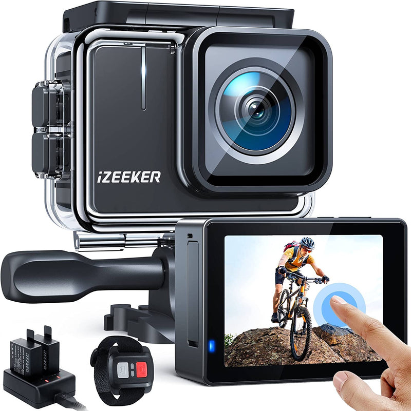 Action Cam Ia100 4K 30FPS 20MP Wifi 40M Fotocamera Subacquea Ultra HD Touchscreen Impermeabile Vlog Videocamera per Casco Da Bici (Telecomando, 2X1050Mah Kit Di Ricarica E Vari Accessori)