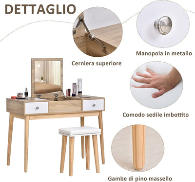 Tavolo Da Trucco Moderno Con Specchio Estraibile, Organizer Gioielli, 2 Cassetti E Sgabello, Color Legno