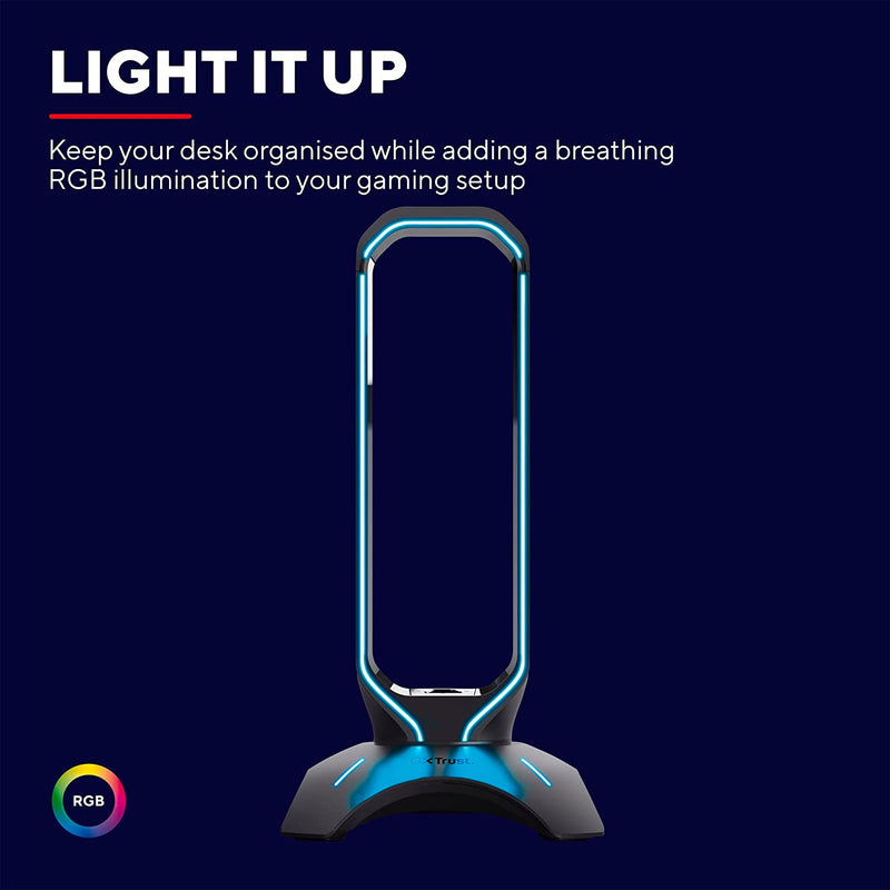 Gaming GXT 265 Cintar Supporto per Cuffie RGB (Due Porte USB, Adattabilità Universale, Bordi Illuminati LED Con RGB Effetto Breathing) Nero