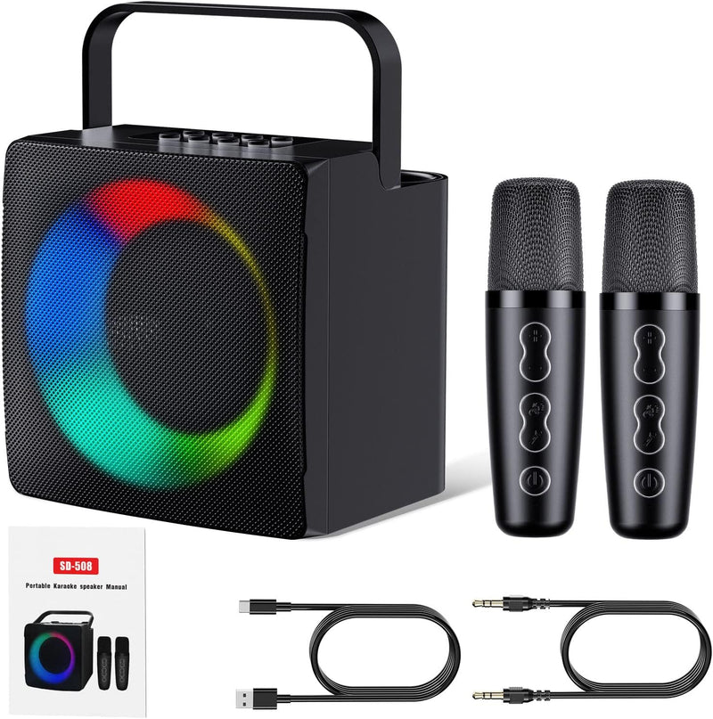 Macchina per Karaoke Con 2 Microfoni Wireless UHF, USB, Connessione Ausiliaria, Effetti Di Cambio Voce E Luci Led, Capacità Della Batteria 4000 Mah, Bluetooth 5.0, per Feste, Nero