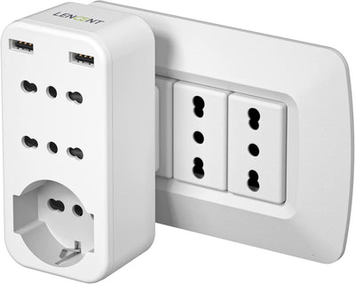 Presa Multipla USB, Presa Salvaspazio Con 10A/16A, Spina Italiana, Adattatore Multipresa Elettrica Da Muro Con 1 Schuko & 2 Prese IT & 2 USB, Tripla Presa 2400W per Ufficio Casa Viaggio-Bianco