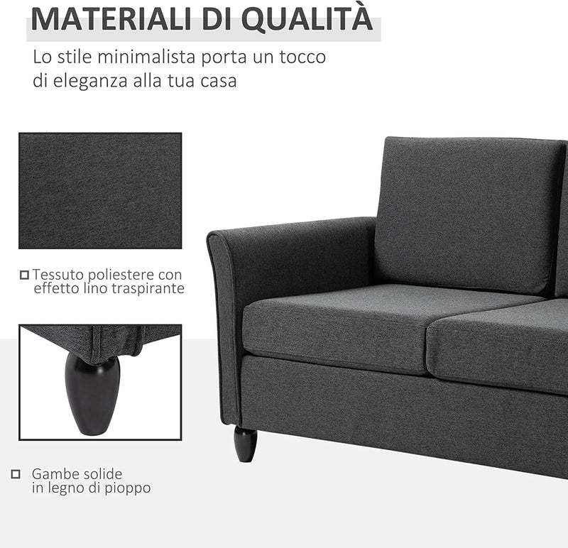 Divano a 2 Posti a Seduta Ampia Con Cuscini Rimovibili Da Salotto in Tessuto Effetto Lino E Gommapiuma, 141X70X78 Cm, Grigio Scuro E Nero